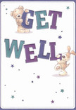 A cheerful scene unfolds on this get well card-a golden teddy bear and a mischievous puppy, their features rendered with a soft, textured hand, joyfully support the colourful letters spelling out 'Get Well.' Their friendly energy is echoed by shimmering stars, each twinkling in varying shades of blue, purple, and electric teal-like the sky above Wennington after dusk, serene and quietly magical. The letters themselves leap from the creamy background in bold indigo and lush teal, creating an uplifting contrast that feels instantly reviving. Every element is placed with purpose, much like a restorative bouquet arranged by Wennington florists for doorstep delivery along South End Road. You can almost sense the tactile comfort of the illustrated fur, as if these whimsical friends might leap from the card with a reassuring cuddle. The whole composition is imbued with emotional warmth-a tender visual balm, ready to convey heartfelt wishes and a promise of brighter days to anyone in need of a gentle pick-me-up within our local community.
