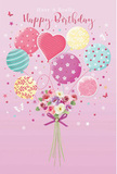 A gentle, storybook-style birthday scene unfolds on a blush pink background, capturing the feeling of a cheerful celebration in Wennington. At the centre, a cluster of pastel balloons gathers in a loose bouquet, their strings converging just above a nest of fresh flowers. Each balloon carries its own personality: some are wrapped in candy-like stripes that swirl upward, others are dotted with light-hearted polka dots, while a prominent heart-shaped balloon glows softly near the middle, symbolising affection and warm wishes. The colours-soft pink, minty green, lemon yellow, lavender, and pale coral-mingle in a calm, harmonious way, like gentle sunset tones over the nearby fields. Below, a hand-tied bouquet of small roses and anemone-like blossoms nests together, petals layered and feathery in creamy white, blush pink, and muted mauve. The stems are gathered neatly and finished with a violet satin bow that adds a touch of sparkle, as if freshly tied by an experienced florist preparing a birthday delivery across Wennington. Around the arrangement, tiny stars, confetti-like specks, and delicate butterfly shapes drift through the air, suggesting movement and a hint of fairy-tale magic. The overall lighting is soft and luminous, enhancing the glossy sheen on the balloons and the natural glow of the blooms. This image conveys a mood of light-hearted festivity and heartfelt care, evoking the joy of sending or receiving a thoughtful birthday bouquet that turns an ordinary day into a sweet, unforgettable moment in Wennington.